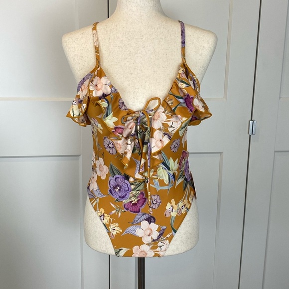 P2F New with tags One Piece Mustard and floral adjustable swimsuit - Picture 2 of 13